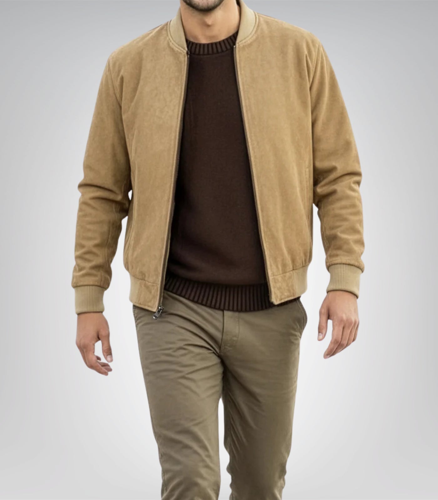 Men’s Camel Brown Real Suede Bomber Jacket Premium Zip Front Style