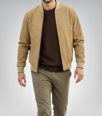 Men’s Camel Brown Real Suede Bomber Jacket Premium Zip Front Style