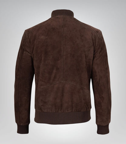 Men’s Dark Brown Real Suede Bomber Jacket Classic Zip Front Style