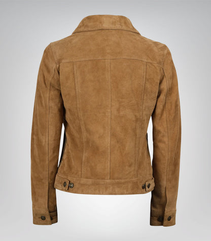 Women’s Light Brown Suede Trucker Jacket Real Suede Button-Front Jacket