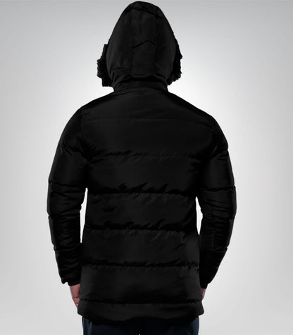 Melvin Long Men’s Black Puffer Jacket Insulated Winter Coat with Faux Fur Trim Hood, Water &amp; Wind Resistant