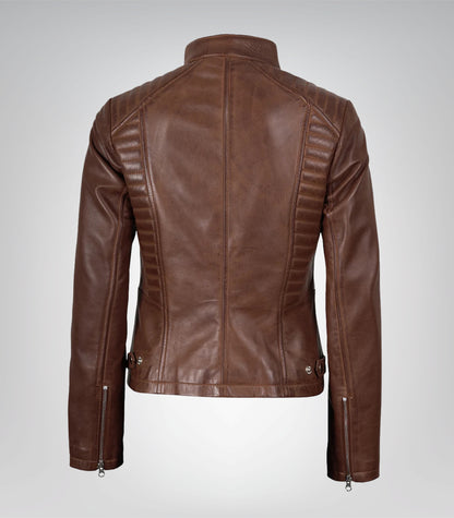 Women’s Cognac Waxed Motorcycle-Style Leather Jacket