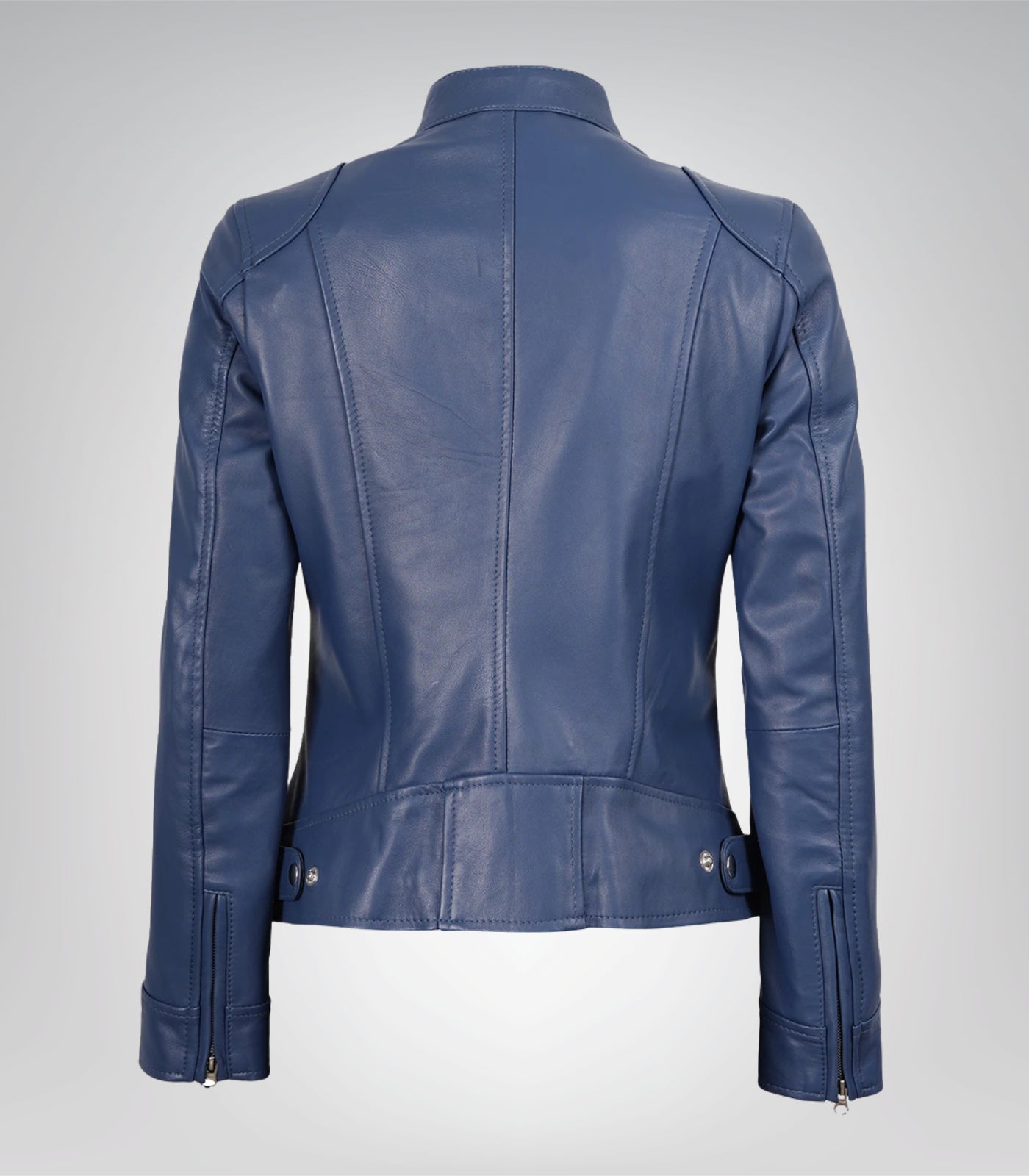 Women's Blue Genuine Leather Moto Jacket with Modern Fit