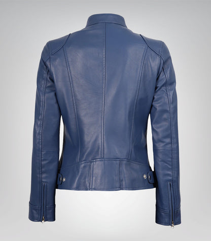 Women's Blue Genuine Leather Moto Jacket with Modern Fit