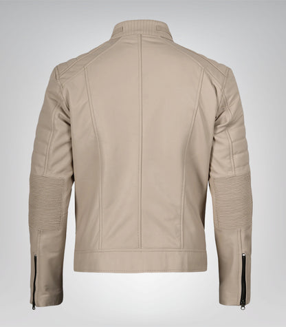 Trendy men’s beige leather jacket with mandarin-style collar