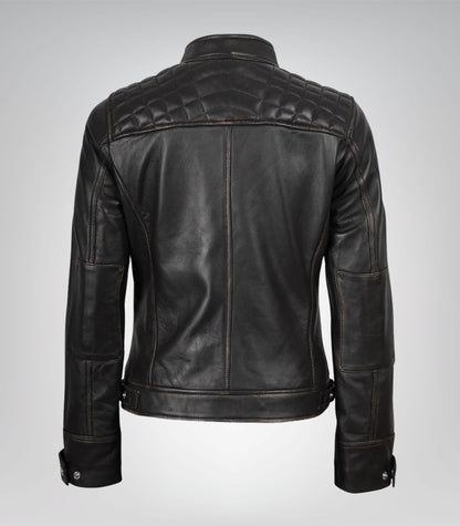 Women's Distressed Brown Genuine Leather Quilted Biker Jacket
