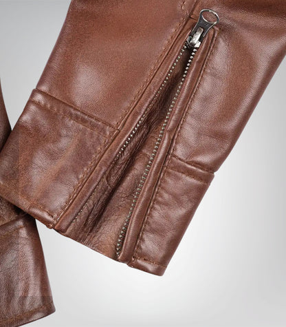 Women's Cognac Waxed Motorcycle-Style Leather Jacket