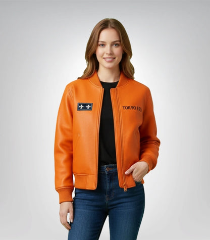 Cosplayer wearing genuine sheep leather Oze Fire Force jacket
