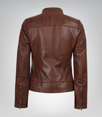 Women's Cognac-Toned Genuine Leather Biker Jacket