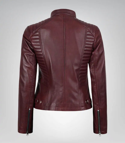 Women’s Burgundy Leather Motorcycle-Style Jacket