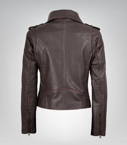 Dark Brown Women’s Leather Biker Jacket with Asymmetrical Closure