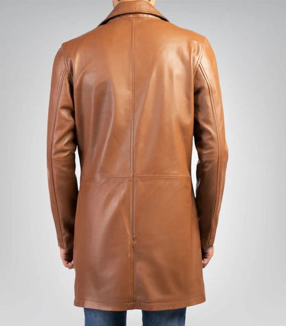 Men’s Classic Cognac Real Leather Trench Coat – Timeless Long Overcoat Style