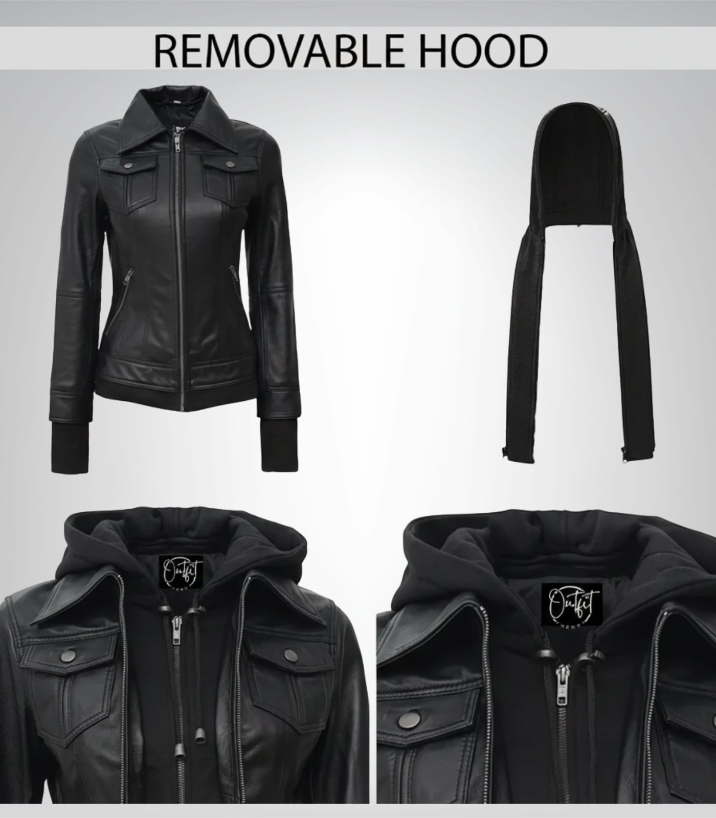 Céleste Women’s Black Bomber Leather Jacket with Detachable Hood