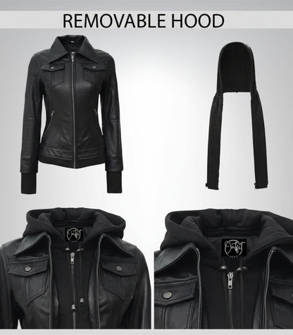 Céleste Women’s Black Bomber Leather Jacket with Detachable Hood