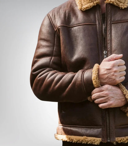 Mens Shearling Brown Bomber Leather Jacket