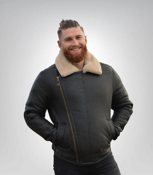 Men's RAF sheepskin leather flying jacket – dark brown aviator coat