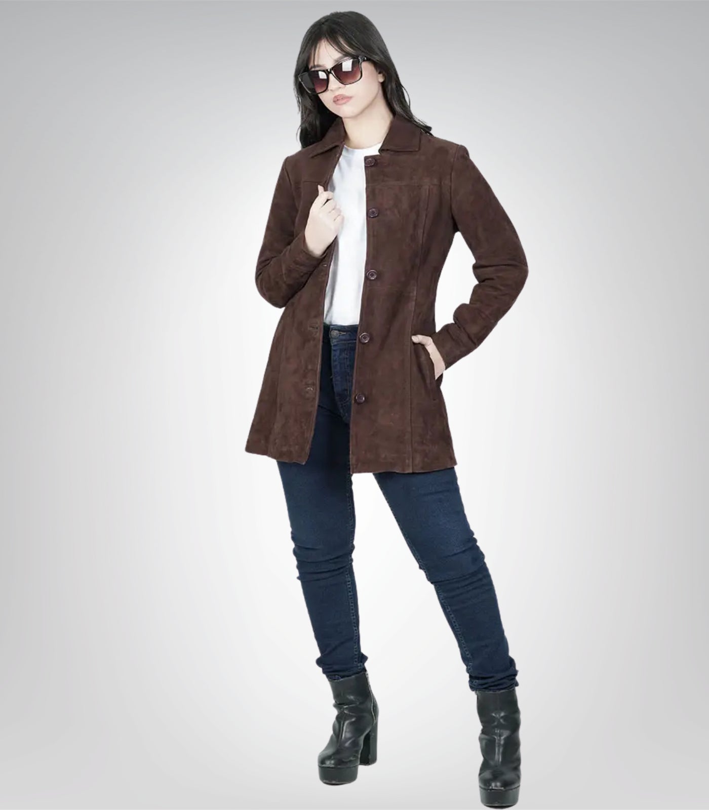 Women’s Dark Brown Suede Button-Down Coat 3/4 Length Real Suede Jacket