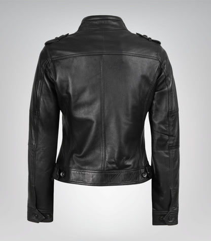 Classic Biker-Inspired Women’s Black Leather Moto Jacket