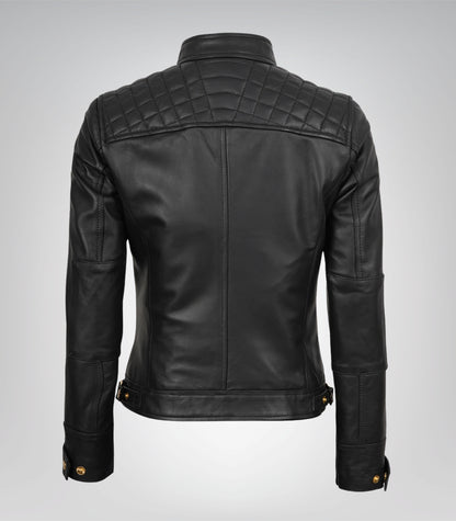 Women’s Black Moto-Style Leather Jacket with Gold Accents