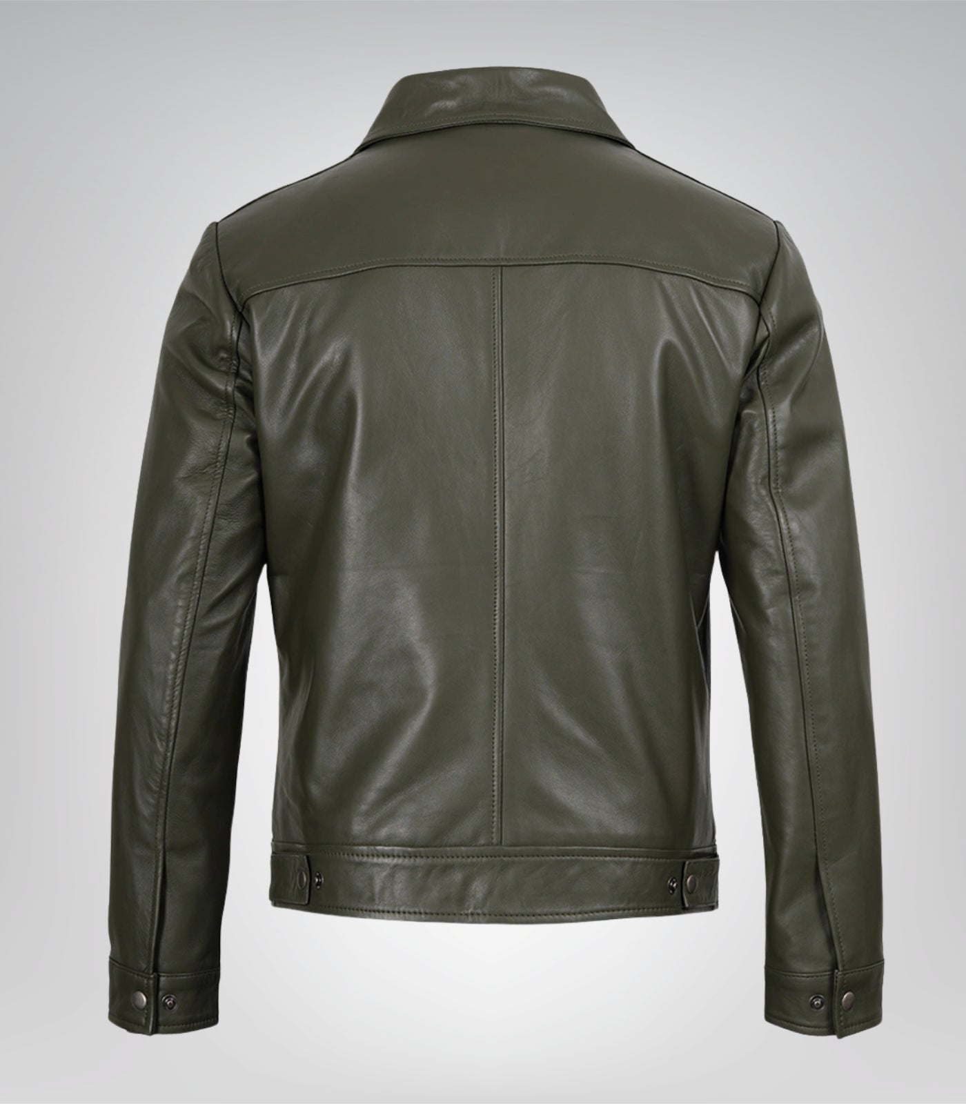 Men’s Olive Green Leather Jacket with Classic Shirt Collar