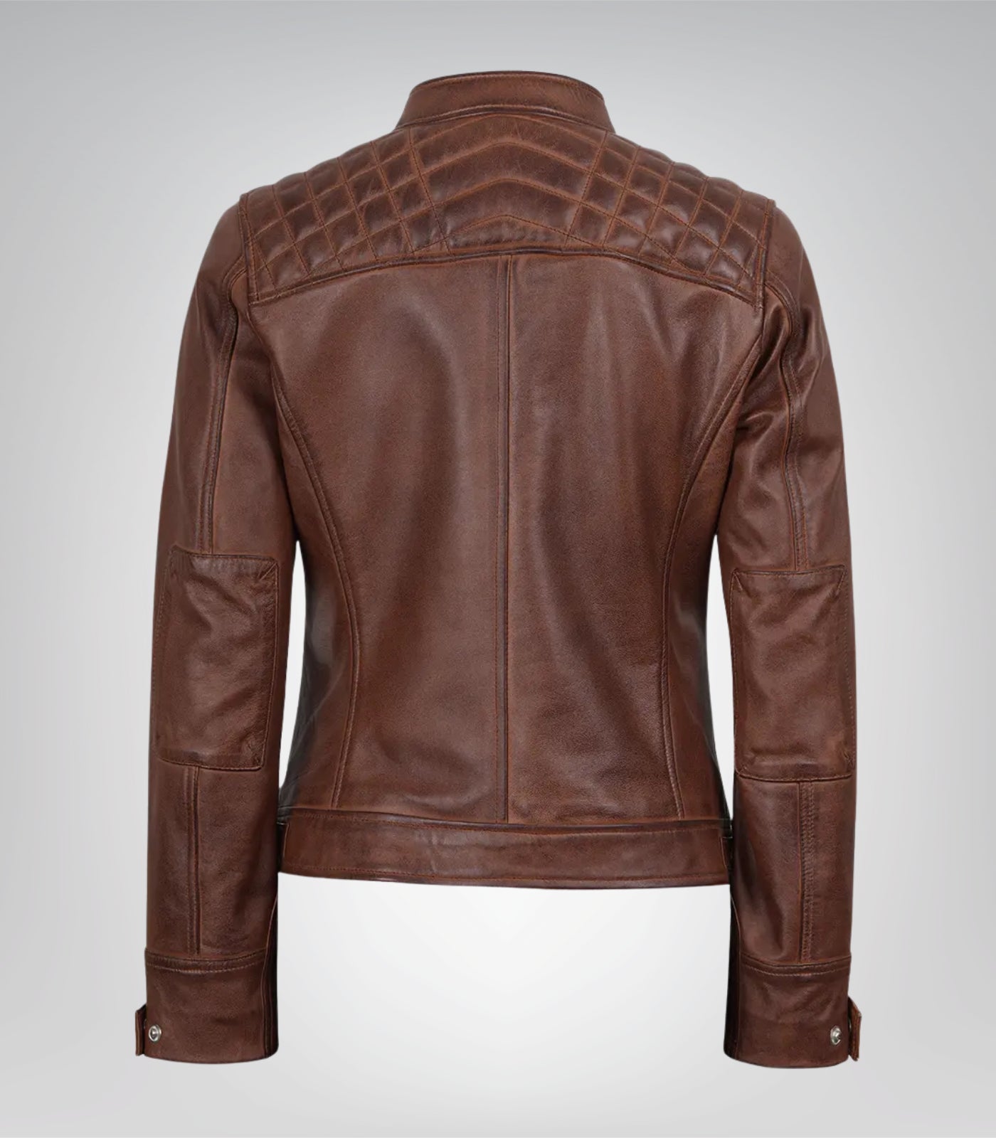 Women’s Cognac Moto Leather Jacket with Quilted Shoulder Detail