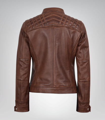 Women’s Cognac Moto Leather Jacket with Quilted Shoulder Detail