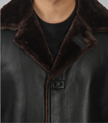 Men’s 3/4 Length Genuine Black Leather Coat with Brown Shearling Lining