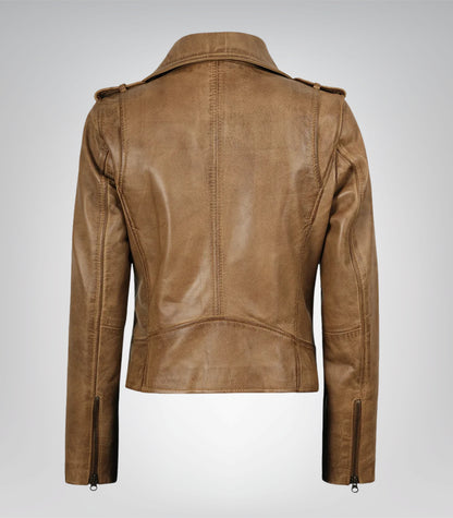 Women’s Genuine Leather Biker Jacket Camel Brown