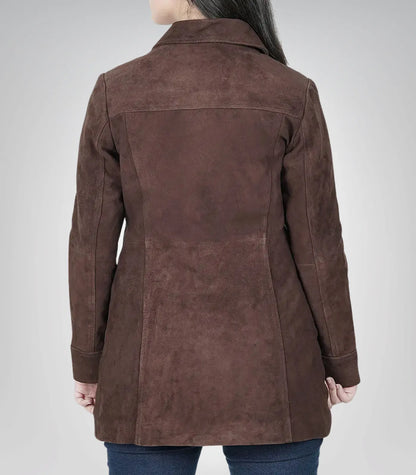 Women’s genuine suede leather coat in dark brown – classic buttoned desig