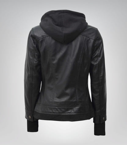 Céleste Women’s Black Bomber Leather Jacket with Detachable Hood