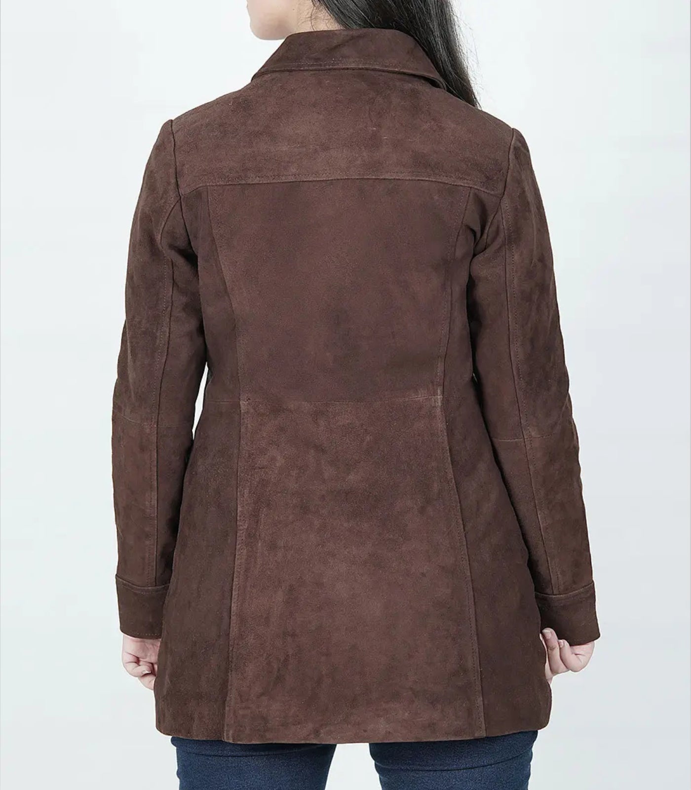 Women’s Dark Brown Suede Button-Down Coat 3/4 Length Real Suede Jacket