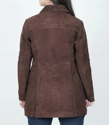 Women’s Dark Brown Suede Button-Down Coat 3/4 Length Real Suede Jacket