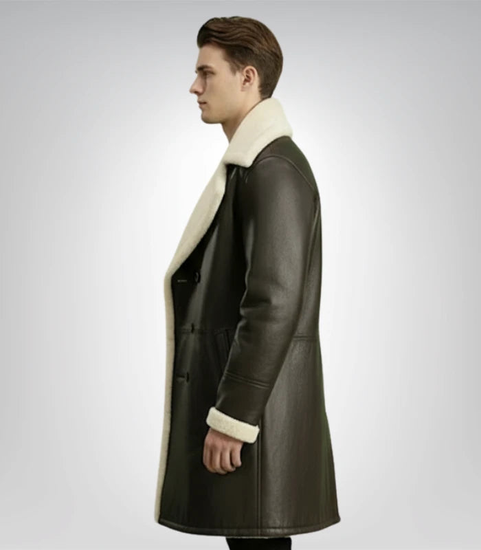 Charles Distressed Black Leather Shearling Double-Breasted Coat