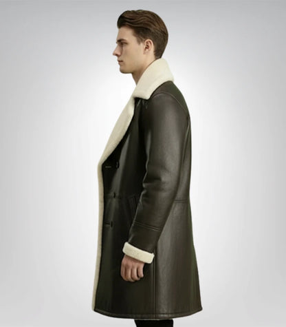 Charles Distressed Black Leather Shearling Double-Breasted Coat
