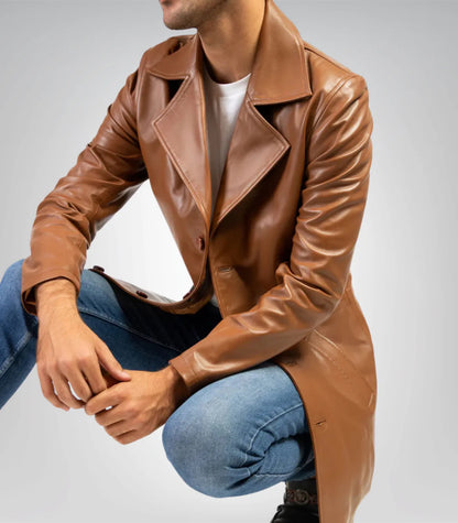 Men’s Classic Cognac Real Leather Trench Coat – Timeless Long Overcoat Style