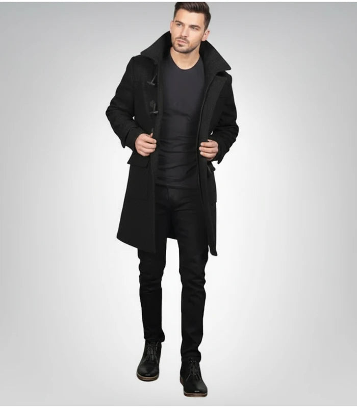 Drake Black Wool Hooded Duffle Coat