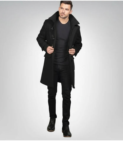 Drake Black Wool Hooded Duffle Coat