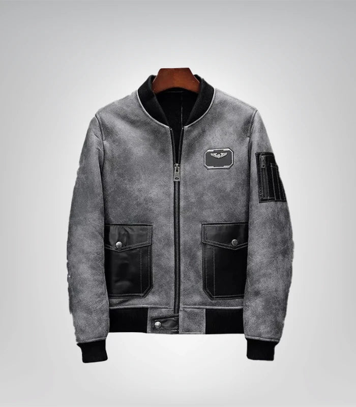Men's A2 Airforce sheepskin shearling leather bomber jacket front view