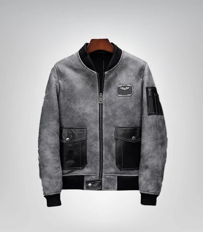 Men's A2 Airforce sheepskin shearling leather bomber jacket front view