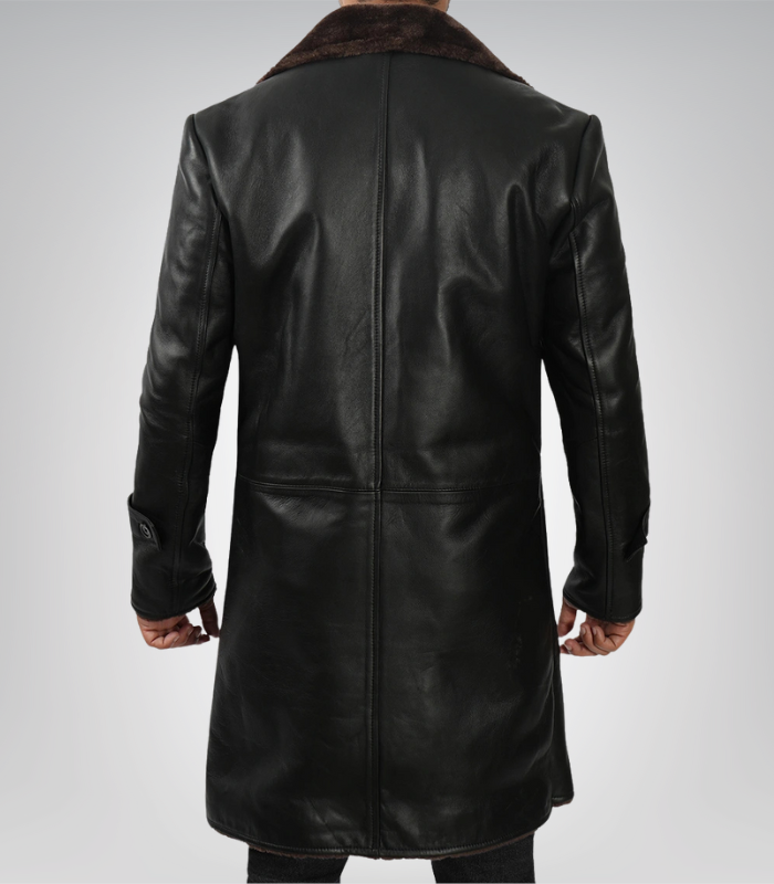 Men’s 3/4 Length Genuine Black Leather Coat with Brown Shearling Lining