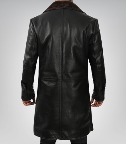 Men’s 3/4 Length Genuine Black Leather Coat with Brown Shearling Lining