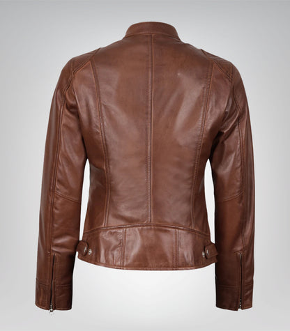 Women's Cognac Waxed Motorcycle-Style Leather Jacket