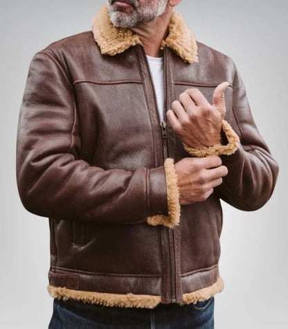 Mens Shearling Brown Bomber Leather Jacket