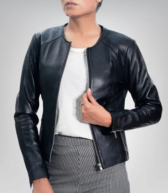 Women’s basic everyday lambskin leather jacket with minimalist classic look