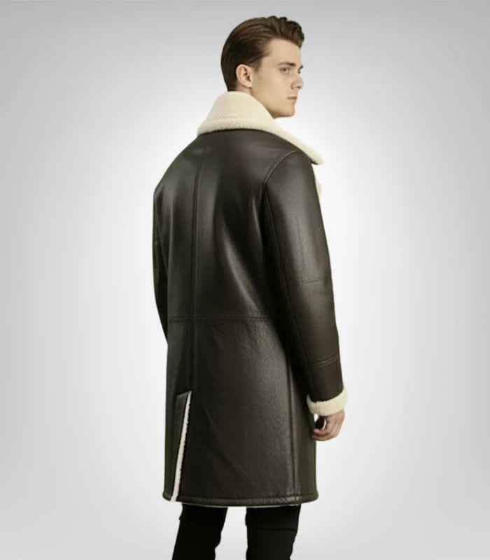 Charles Distressed Black Leather Shearling Double-Breasted Coat