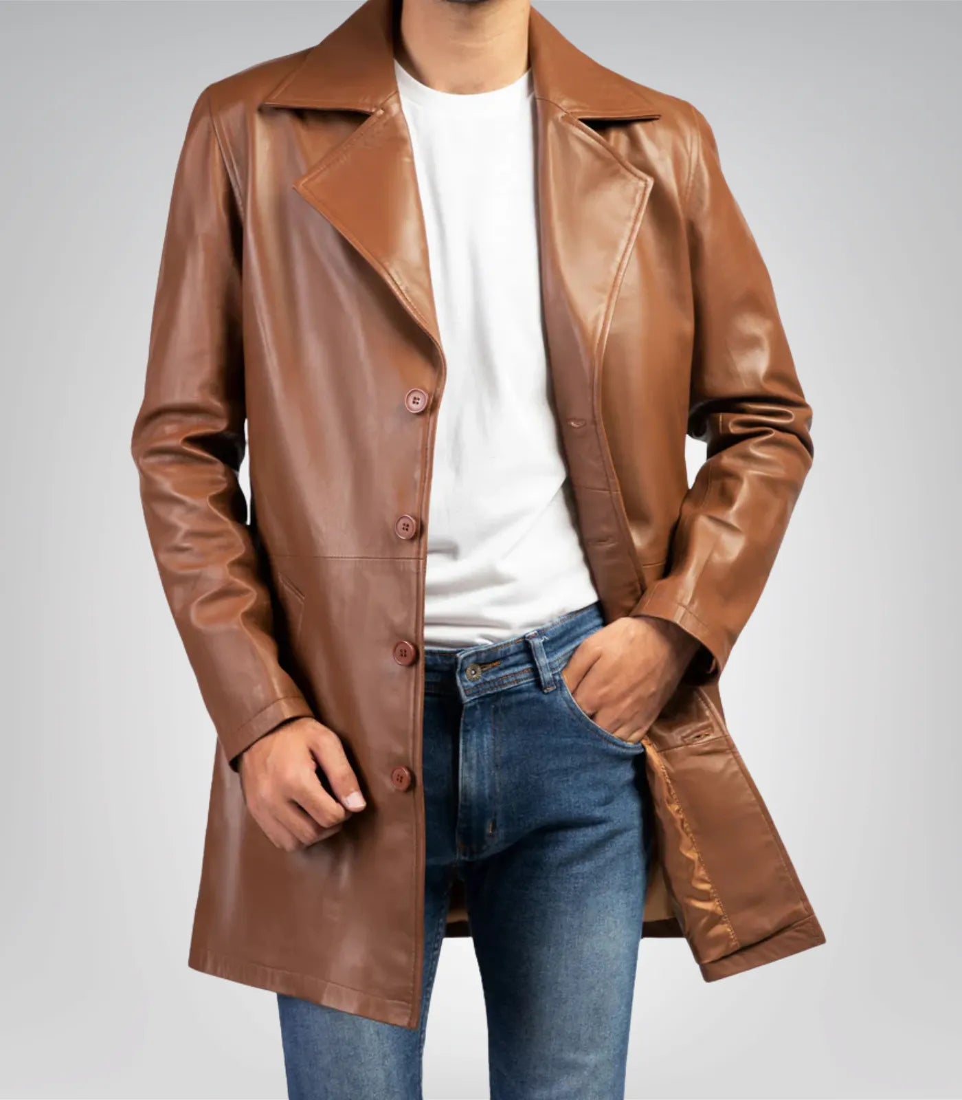 Men’s Classic Cognac Real Leather Trench Coat – Timeless Long Overcoat Style