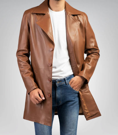 Men’s Classic Cognac Real Leather Trench Coat – Timeless Long Overcoat Style