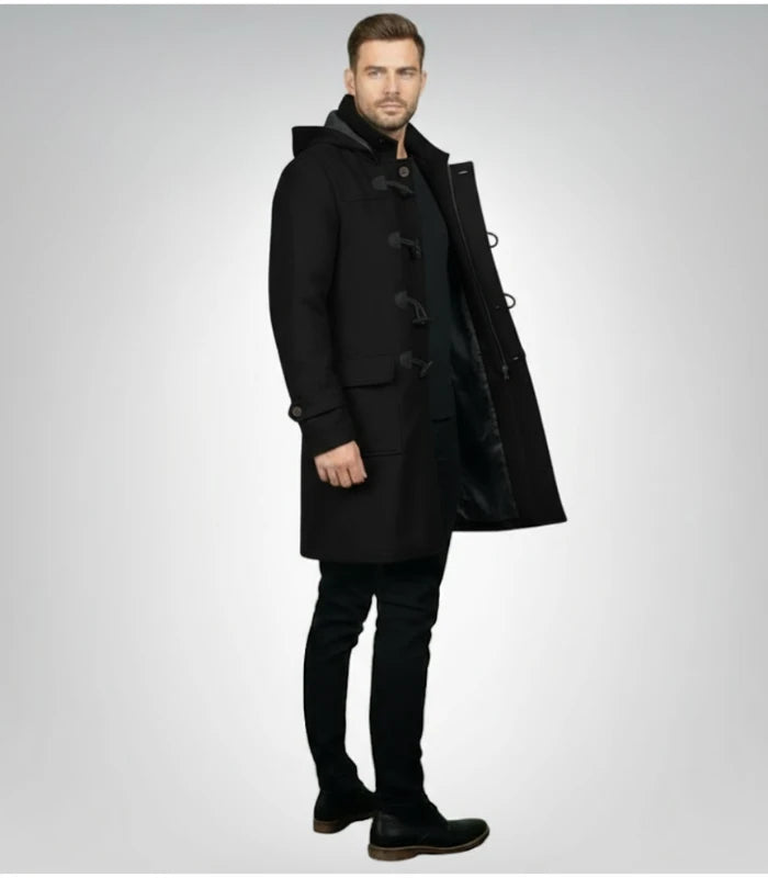 Drake Black Wool Hooded Duffle Coat