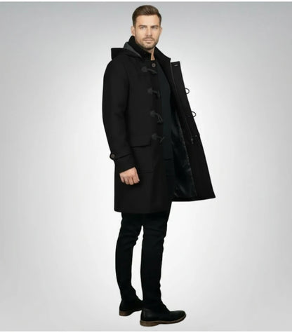 Drake Black Wool Hooded Duffle Coat