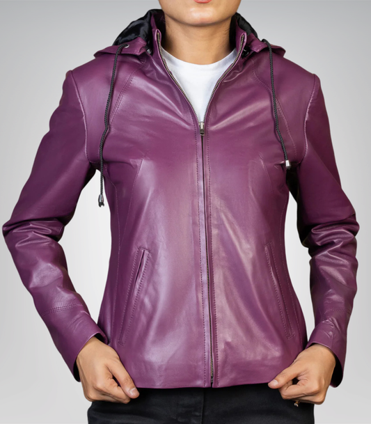 Jenny women’s purple real leather jacket with detachable hood – stylish versatile design